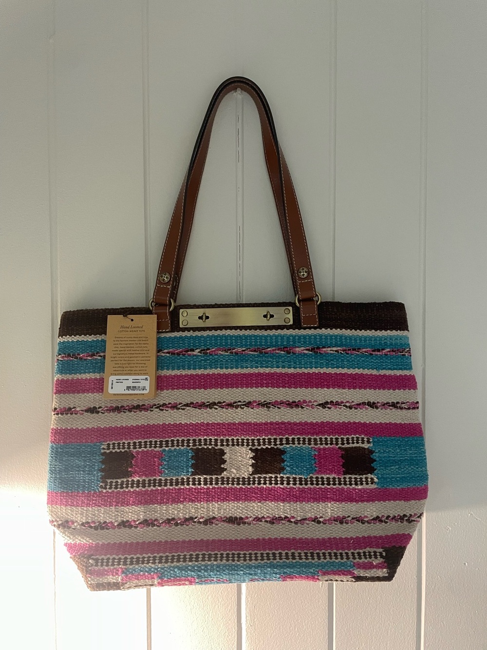 Gorgeous Patricia Nash pink & Turquoise Woven Tote Bag with Leather Handles